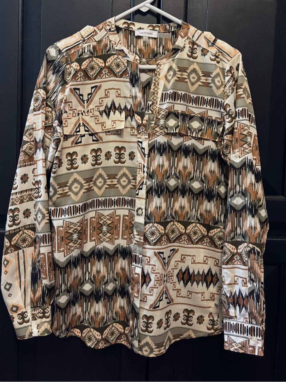 Calvin Klein Women's Aztec-Print Button-Front Blouse in Brown, Cream, Black